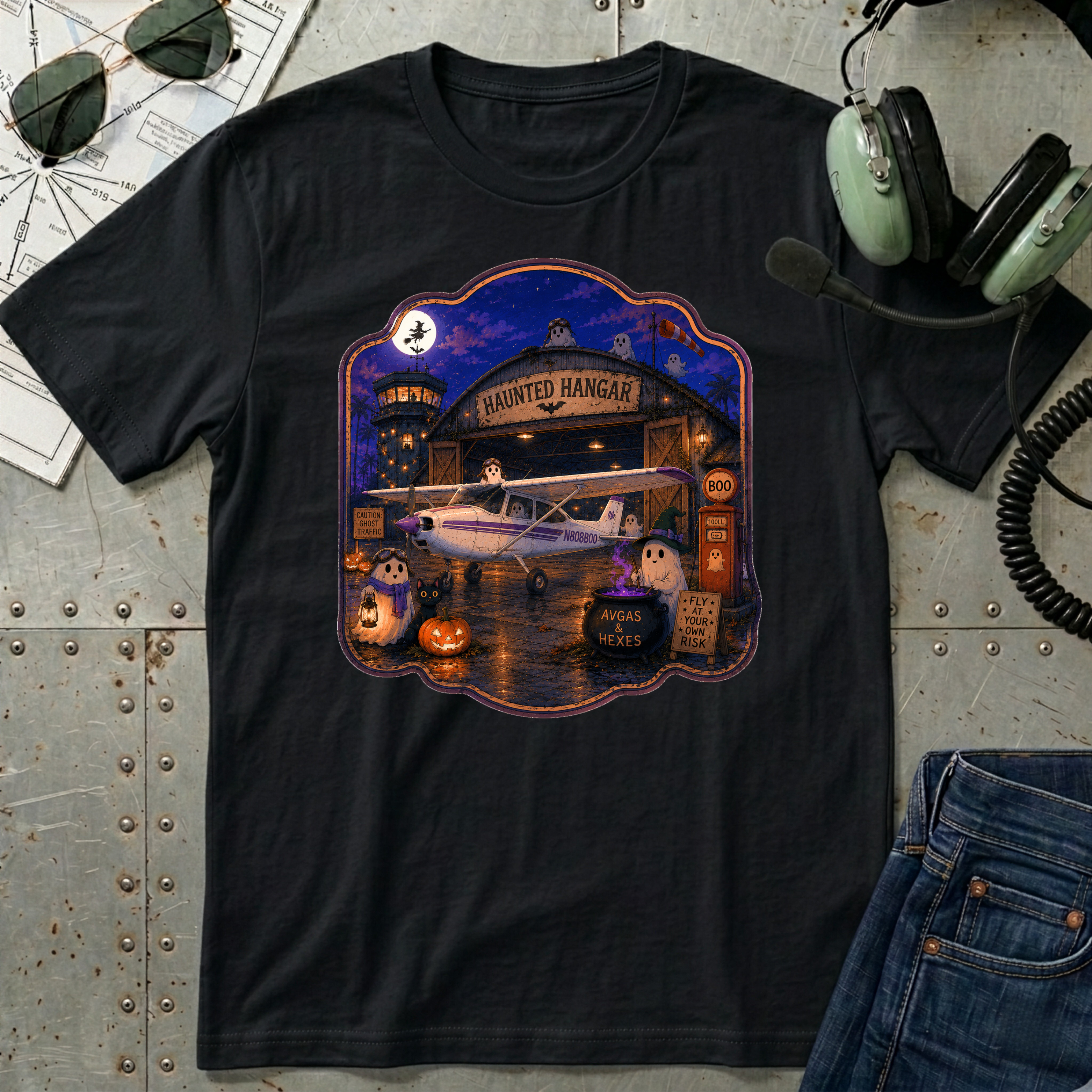 Spooky Full Moon Haunted Hangar T-Shirt