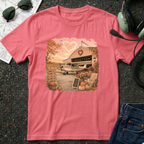 Fall Barn Airplane T‑Shirt — Vintage Heart Sunset Rustic Autumn Tee