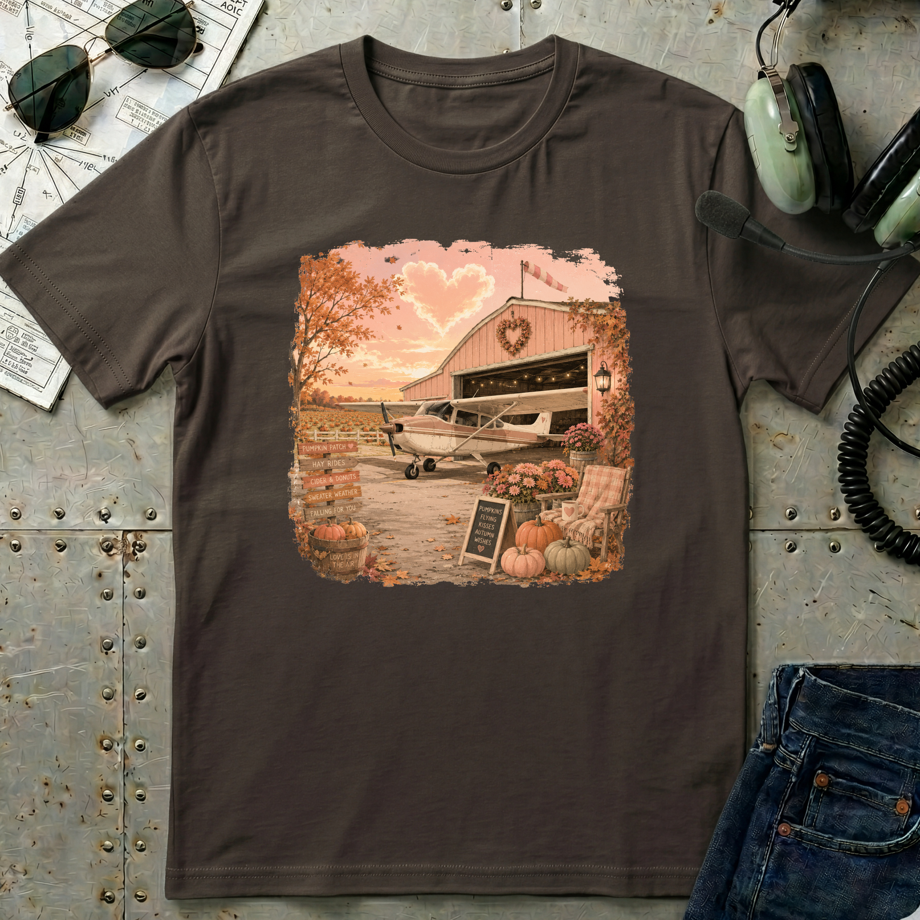 Fall Barn Airplane T‑Shirt — Vintage Heart Sunset Rustic Autumn Tee