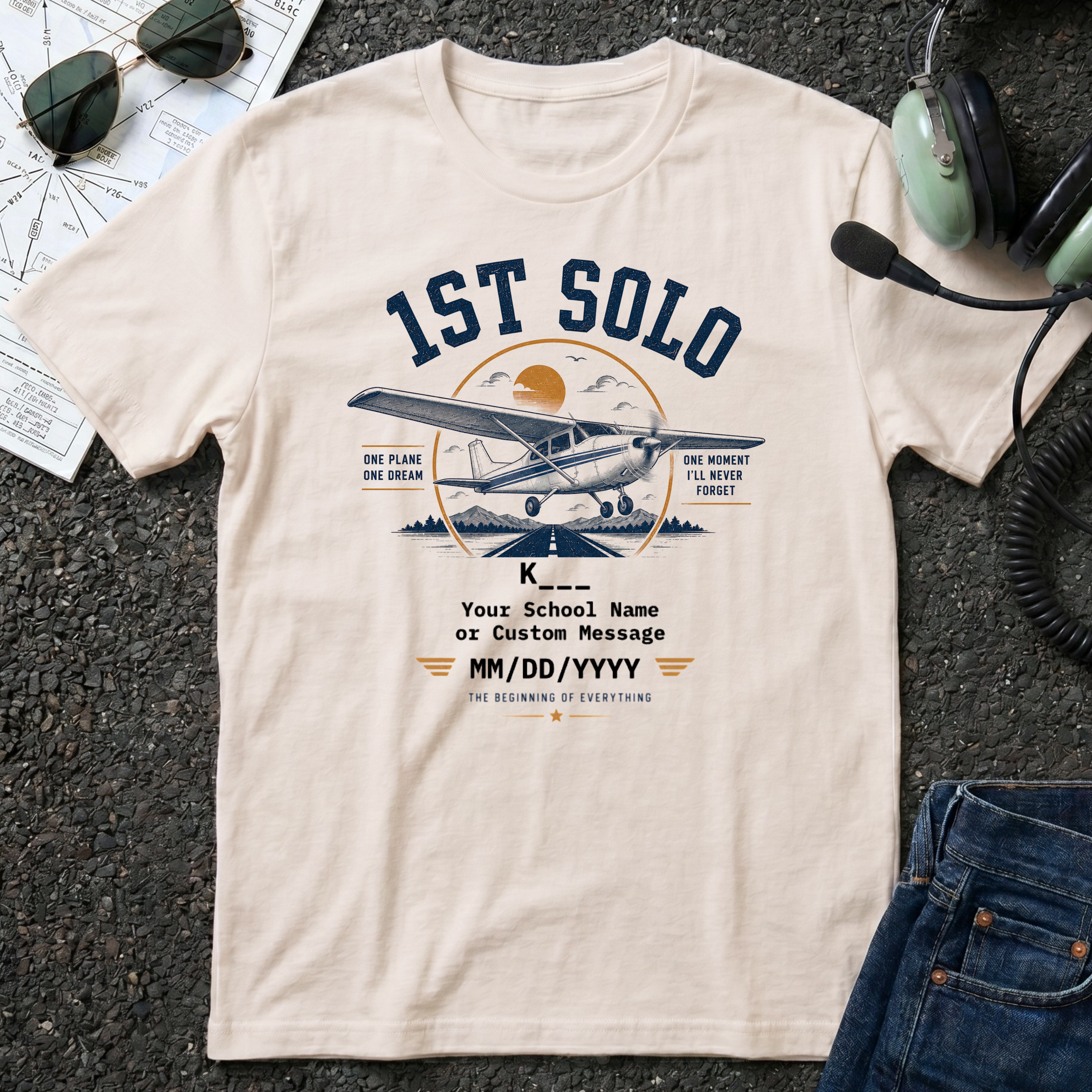 1st Solo High-Wing T-Shirt — Personalized Flight School First Solo Keepsake