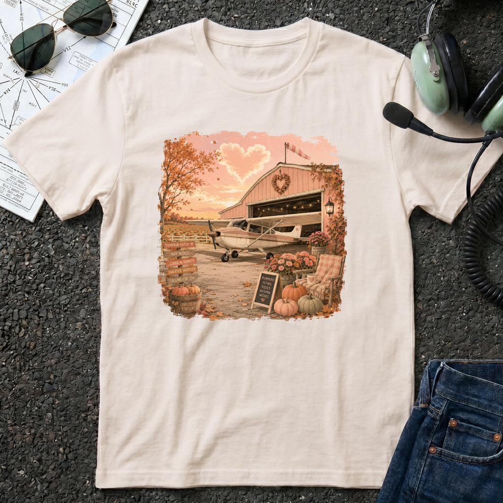 Fall Barn Airplane T‑Shirt — Vintage Heart Sunset Rustic Autumn Tee