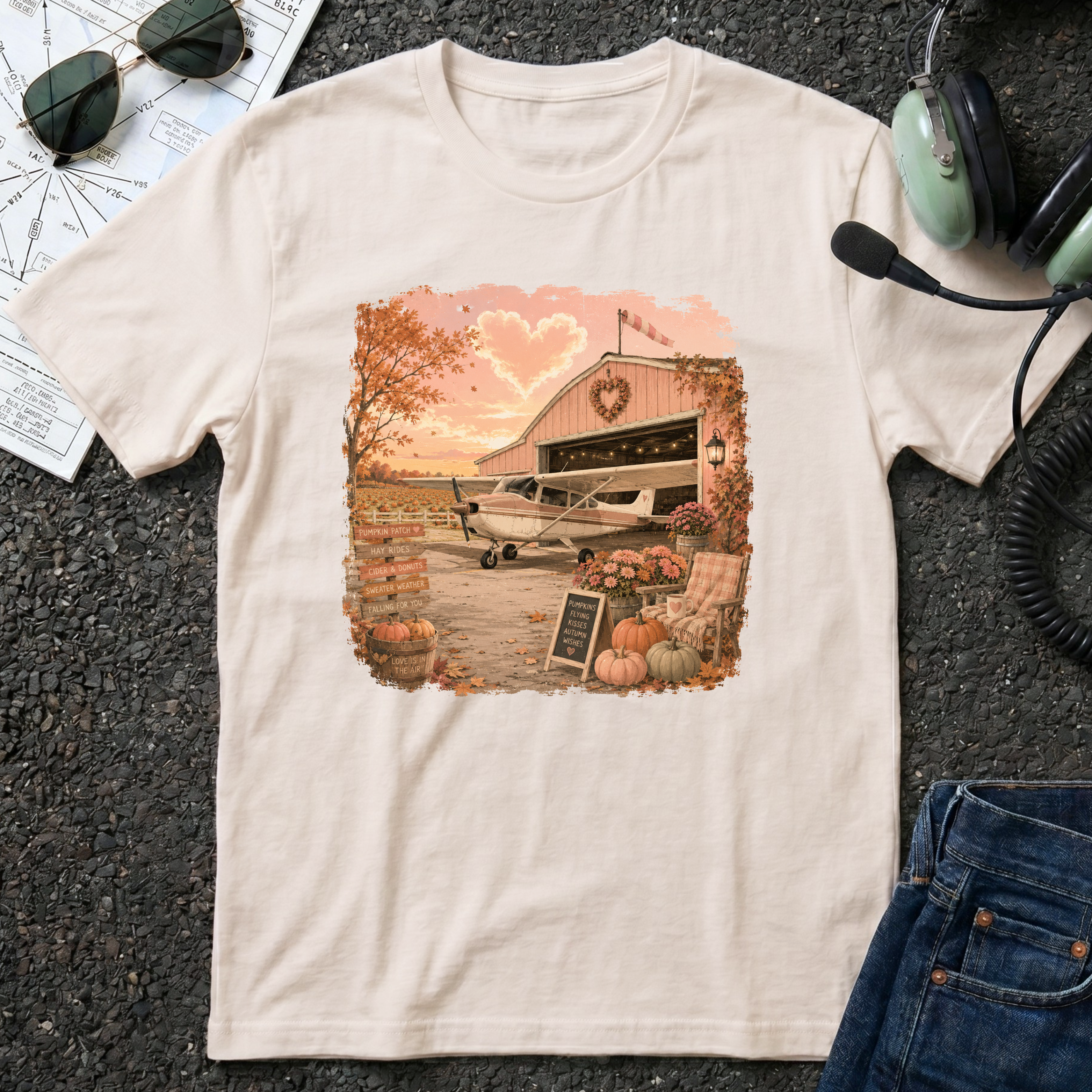 Fall Barn Airplane T‑Shirt — Vintage Heart Sunset Rustic Autumn Tee