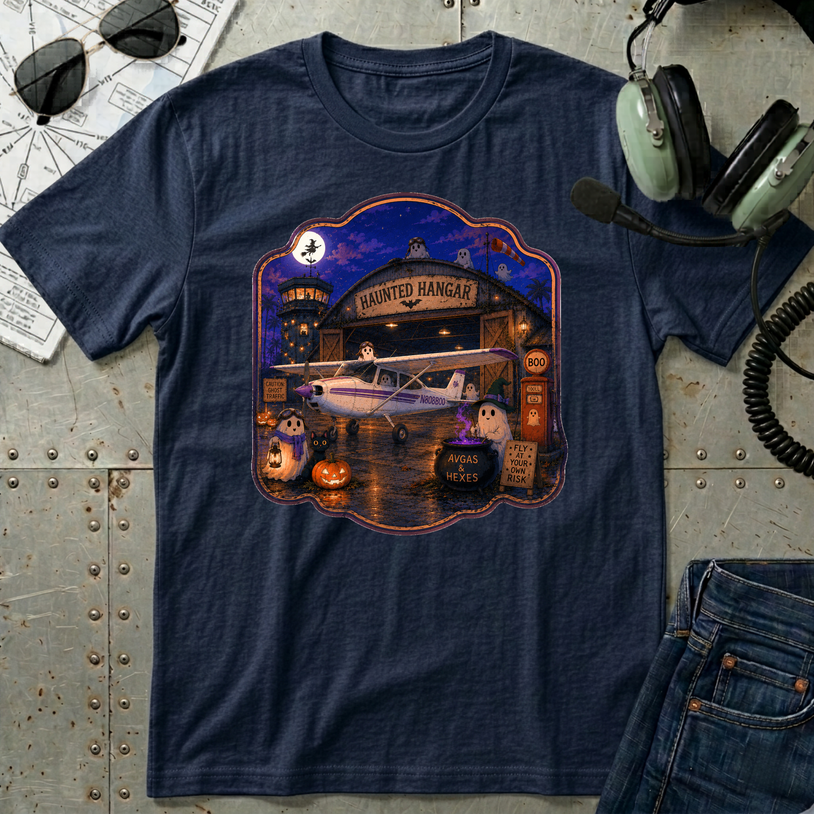 Spooky Full Moon Haunted Hangar T-Shirt