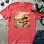 Fall Barn Airplane T‑Shirt — Vintage Heart Sunset Rustic Autumn Tee