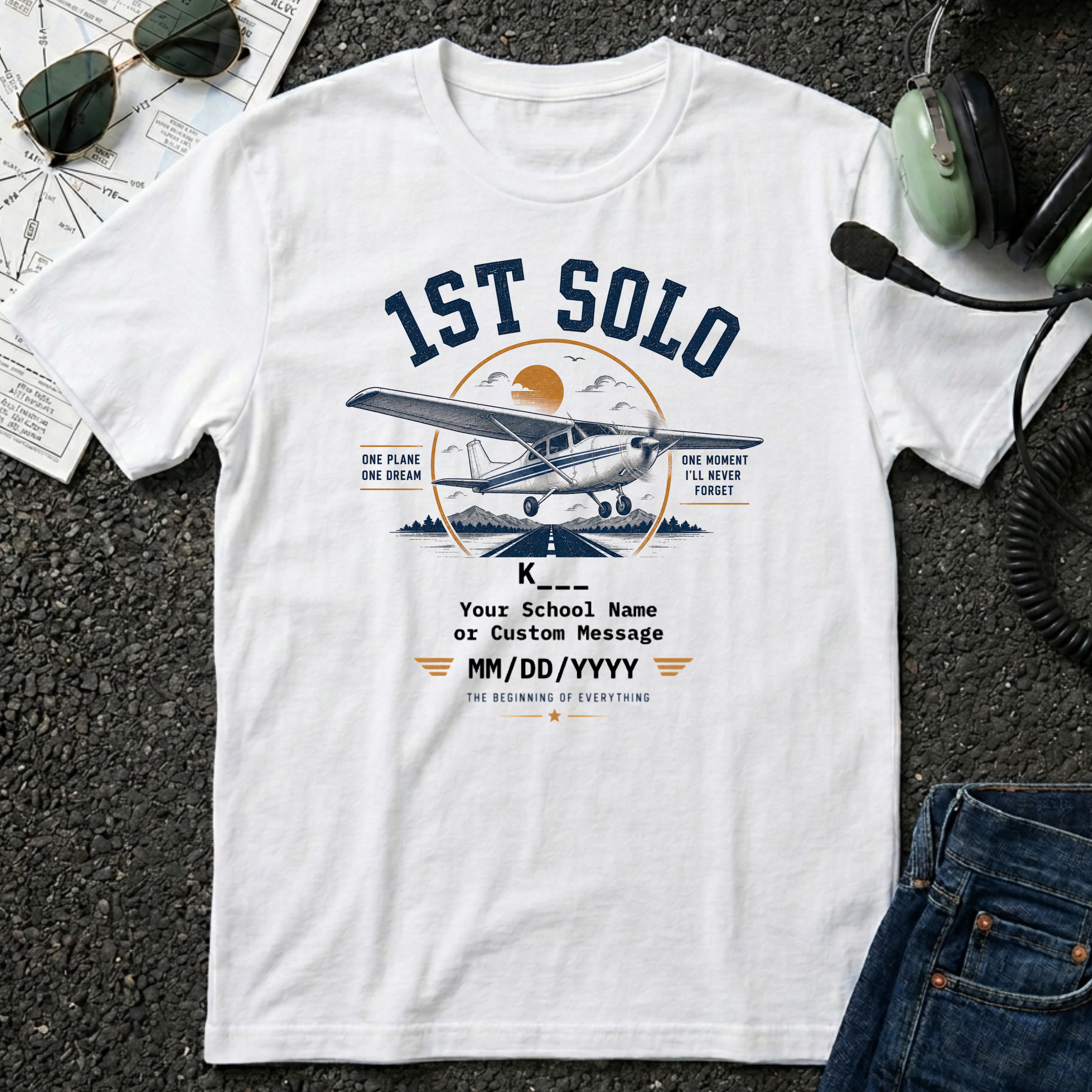 1st Solo High-Wing T-Shirt — Personalized Flight School First Solo Keepsake